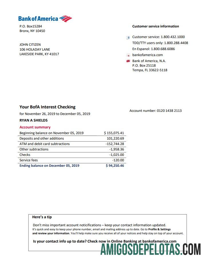 Extrato bancário do USA Bank Of America para impressão, modelo fácil de preencher em formato Word e PDF